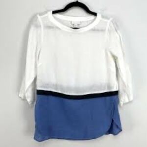 J.Jill Love Linen Colorblock Tunic Women's L BlueWhite 3/4 Sleeve Round Neck